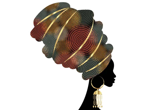 Portrait Beautiful African Woman Traditional Turban Kente Head Wrap African — Stock Vector