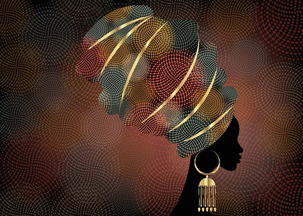 Portrét krásná Africká žena v tradičním turbanu, Kente hlavy fólie africké, tradiční dashiki tisk, černé ženy vektorové siluetu, Batikované, s tradiční zlaté náušnice, účes koncepce — Stockový vektor