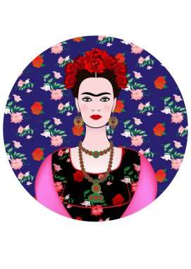 Frida Kahlo vektör portre, geleneksel bir saç modeli, Meksika el sanatları takı küpe ve kolye, çiçek arka plan, genç güzel bir Meksikalı kadın izole vektör diadem 