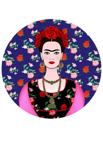 Frida Kahlo Vector Retrato Joven Hermosa Mujer Mexicana Con Peinado — Archivo Imágenes Vectoriales