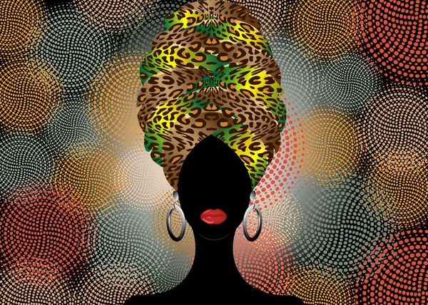 Retrato da jovem negra em um turbante. Animação beleza africana. Ilustração de cor vetorial isolada. Envoltório de cabeça tradicional Kente Africano com fundo de tecido de impressão étnica batik Africano — Vetor de Stock