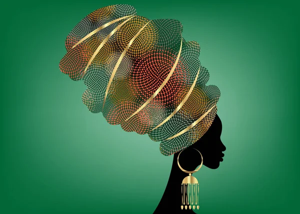 Portrait Belle Femme Africaine Turban Traditionnel Kente Enveloppe Tête Africaine — Image vectorielle