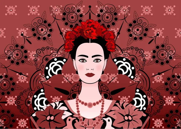 Retrato de la joven hermosa mexicana con un peinado tradicional. Pendientes mexicanos, corona de flores y flores rojas, Tradicional vestido mexicano, día de la muerte. Vector floral mandala fondo — Archivo Imágenes Vectoriales