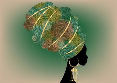 portre geleneksel Türban, başşehir baş şal Afrika, güzel Afrikalı kadın geleneksel dashiki yazdırma siyah kadınlar geleneksel altın küpe, saç modeli kavramı ile izole siluet vektör