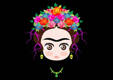Emoji taç renkli çiçekler ve küpe kafatası, Frida Kahlo bebekle vektör illüstrasyon izole siyah arka plan üzerine 