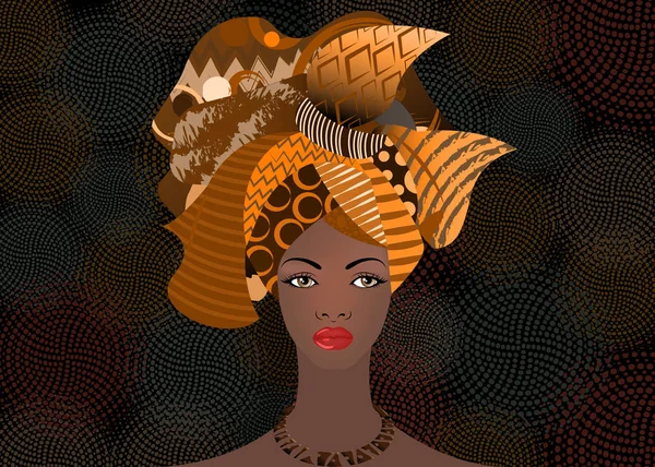터 번에 젊은 흑인 여자의 초상화. 애니메이션 아프리카 아름다움입니다. 벡터 컬러 일러스트 절연 또는 바 틱 배경입니다. 전통적인 Kente 머리 랩 아프리카. 인쇄, 포스터, 티셔츠, 카드. — 스톡 벡터