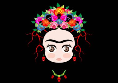 Emoji küçük Frida Kahlo, renkli çiçekler ve küpe kırmızı kafatasları, Medusa veya Gorgon kafa stil, vektör illüstrasyon izole siyah arka plan üzerine bir taç ile Meksikalı kız bebek