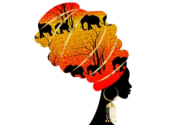 Portrait belle silhouette femme africaine en turban traditionnel, Kente enveloppe de tête africaine, impression traditionnelle dashiki, motif de tigre de style Batik avec animal mignon, éléphants. Vecteur isolé — Image vectorielle