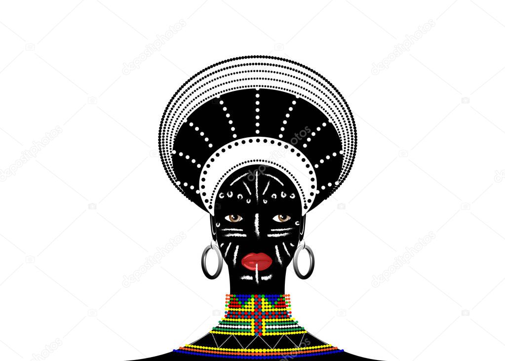African Tribe Headdress Female Zulu, portrait of cute south african woman. Typical clothing for married women, young girl of Bantu nation. Afro tribal painted face with ethnic jewelry. Vector isolated or white background 