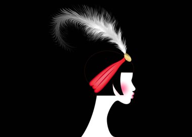 Sineklik girl, yirmili retro kadın. Retro parti davetiye tasarım moda siluet tüy, sanat baskı lüks Deco, ile bir güzel portre 1920'lerde stiliyle vektör izole veya siyah arka plan 