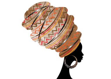 portre geleneksel türban, başşehir baş şal Afrika, güzel Afrikalı kadın geleneksel dashiki yazdırma, siyah afro kadınlar geleneksel batik, Afro etnik kumaş izole siluet vektör