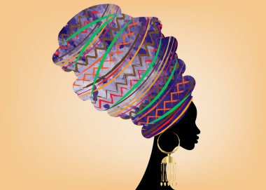 portre geleneksel türban, başşehir baş şal Afrika, güzel Afrikalı kadın geleneksel dashiki yazdırma, siyah afro kadınlar geleneksel batik, Afro etnik kumaş izole siluet vektör
