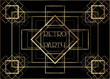 Art Deco vintage davetiye şablon tasarım altın geometrik motif gösterimi ile. desen ve çerçeveler. Retro parti arka plan 1920'lerin tarzı. Glamour olay, tematik düğün, caz parti için vektör