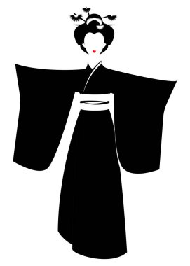 Japon ya da Asyalı kız, Japon kimono, Madam Kelebek stili ile geleneksel tarzda portresi. Geleneksel geyşa siyah Kimono, geleneksel kıyafet, saten etnik giyim kostüm. İzole vektör
