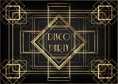 Art Deco vintage davetiye şablon tasarım altın geometrik motif gösterimi ile. desen ve çerçeveler. Retro parti arka plan 1920'lerin tarzı. Glamour olay, disko parti, caz müzik şarkı için vektör