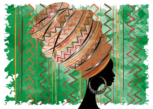 Portret Mooie Afrikaanse Vrouw Traditionele Tulband Kente Hoofd Wrap Afrikaanse — Stockvector