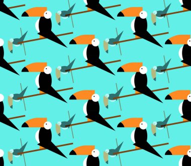 Sorunsuz tukanlar desen. Vektör tropikal arka plan. Toucan simgesi, Tukan vektör simge düz stil açık mavi renkli web karikatür çizimi 