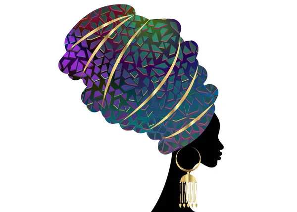 Portrait beautiful African woman in traditional turban, Kente head wrap African, Traditional dashiki printing, black women vector silhouette isolated with traditional gold earrings, hairstyle concept — Stock Vector