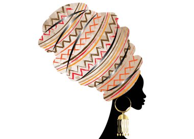 portrait beautiful African woman in traditional turban, Kente head wrap African, Traditional dashiki printing, black women vector silhouette isolated with traditional gold earrings, hairstyle concept clipart