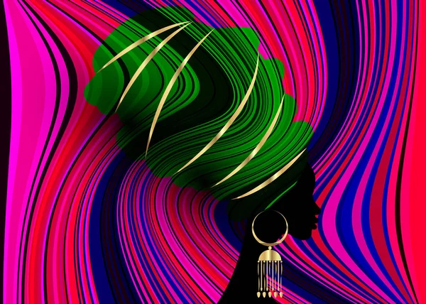 Retrato hermosa mujer africana en turbante tradicional, Kente cabeza envoltura africana, impresión dashiki tradicional, Afro mujeres vector silueta negra con pendientes de oro tradicionales, fondo multicolor — Archivo Imágenes Vectoriales
