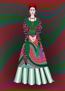 Frida Kahlo vektör portre, geleneksel bir saç modeli olan Meksikalı kadın. Meksika el sanatları takı ve kırmızı çiçekler. Animasyon eski giysiler içindeki genç Meksikalı kız portresi, geleneksel Meksika elbise. Battaniye çizgiler dalgalı şekil arka plan 