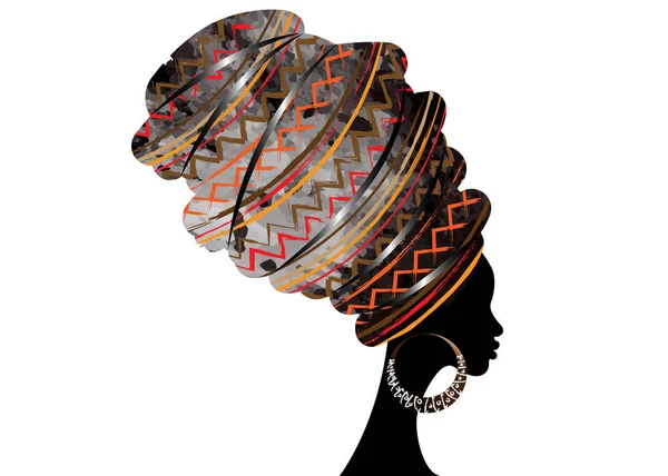 Портрет красивая африканская женщина в традиционном тюрбане, Кенте голова обернуть африканский, традиционная печать дашики, черные женщины векторный силуэт изолирован с традиционными костяными серьгами, прическа концепции — стоковый вектор