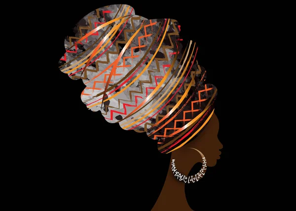 Portrait belle femme africaine en turban traditionnel, Kente enveloppe de tête africaine, impression traditionnelle dashiki, silhouette vectorielle de femmes noires isolées avec des boucles d'oreilles traditionnelles en os, concept de coiffure — Image vectorielle