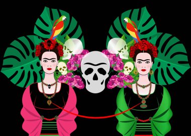 Frida Kahlo vektör portre, geleneksel bir saç modeli olan Meksikalı kadın. Kafatasları, papağan ve kırmızı çiçekler ölülerin günü. Eski giysileri, geleneksel Meksika elbise, Genç Meksika kızı animasyon portresi vektör izole veya siyah arka plan