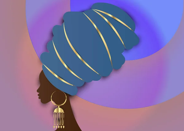 Portrait belle femme africaine en turban traditionnel, Kente enveloppement de tête Afro, Impression traditionnelle dashiki, silhouette vectorielle de femmes noires avec boucles d'oreilles traditionnelles en or, en style origami découpé en papier — Image vectorielle