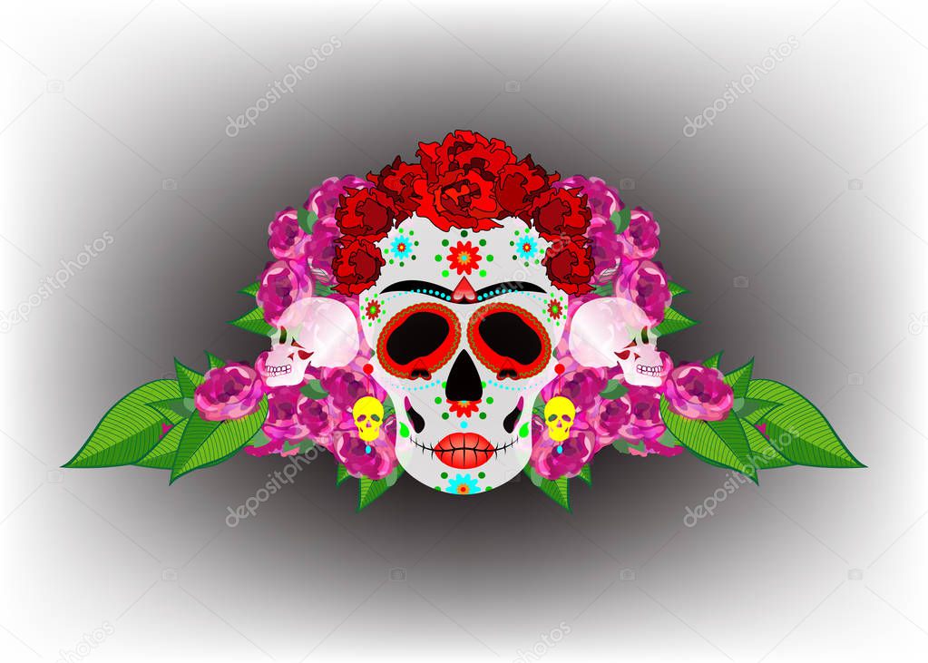Mexican skull, Calavera with flowers. Decoration for Day of the Dead, Dia de los Muertos. Halloween poster background, greeting card or t-shirt design. Vector skulls isolated 