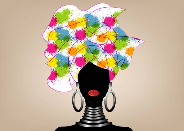 Retrato Joven Negra Con Turbante Animación Belleza Africana Ilustración Floral — Vector de stock