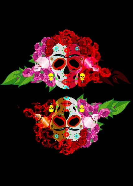 Mexické lebky, Calavera s květinami. Dekorace pro den mrtvých, Dia de los Muertos. Halloween plakát pozadí, blahopřání nebo tričko. Frida styl. Vektor lebky izolované na černém pozadí — Stockový vektor