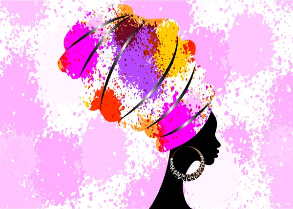 Portrait beautiful African woman in traditional turban, Kente head wrap Afro Traditional dashiki printing, black women vector silhouette isolated with  bone earrings, hairstyle concept, splatter style — Stock Vector