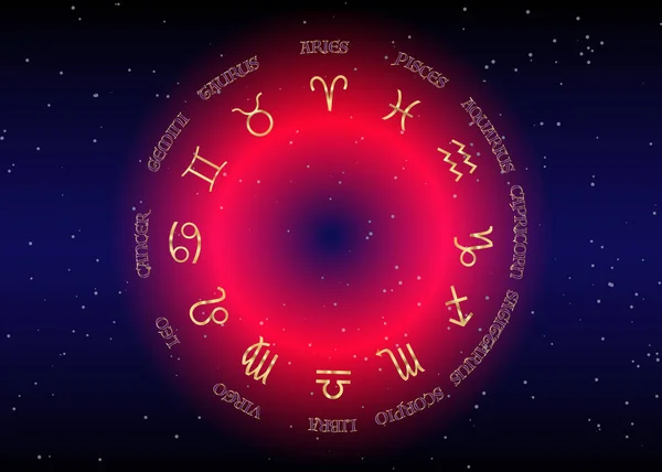 Icône du zodiaque, signes astrologiques dorés, image dorée de l'horoscope. Horoscope signes du zodiaque. Jeu de symboles d'astrologie. Ciel nocturne rouge et étoiles, fond ciel nocturne bleu, illustration vectorielle — Image vectorielle