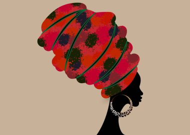portre güzel Afrikalı kadın geleneksel türban, başşehir kafa kırmızı şal Afro, geleneksel dashiki baskı, siyah kadınlar geleneksel kemik küpe, saç modeli kavramı ile izole siluet vektör