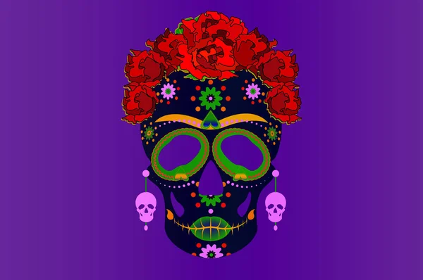 Calavera mexicana, Calavera con flores. Decoración para el Día de los Muertos, Día de los Muertos. Fondo del cartel de Halloween, tarjeta de felicitación o diseño de la camiseta. Calaveras vectoriales aisladas sobre fondo violeta — Vector de stock