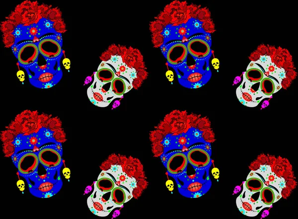 Mexicaanse schedel naadloze patroon, Calavera met bloemen. Decoratie voor de dag van de dood, Dia de los Muertos. Halloween poster achtergrond, wenskaart of t-shirt design. Frida stijl. Instellen van vector schedels — Stockvector