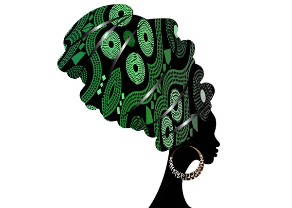 Portrait Beautiful African Woman Traditional Turban Kente Head Wrap African — Stock Vector