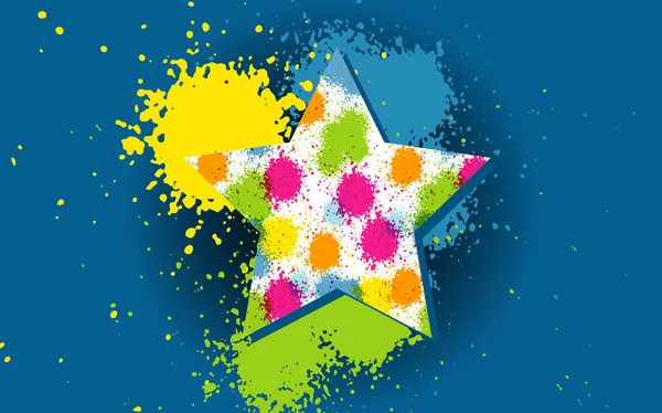 Vector Splatter icono de símbolo de estrella de colores, texturizado, pinceladas pintadas a mano, espectro, dab, daub, pancarta grunge artística aislada sobre fondo azul — Vector de stock