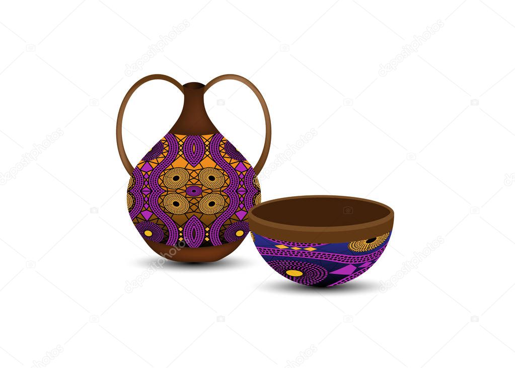 Calabash water bottle colorful logo design. Ceramic vase and bowl, authentic symbol of Africa with ethnic ornament, old African pots, Afro tribal pottery styles, Zulu color pot, vector isolated 