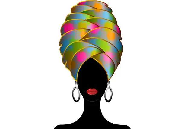 Retrato Jovem Negra Turbante Animação Beleza Africana Ilustração Cor Vetorial — Vetor de Stock