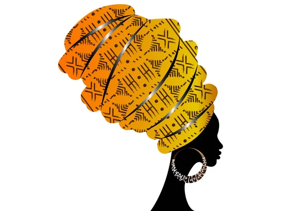 Portret mooie Afrikaanse vrouw in traditionele tulband, Kente hoofd wikkel. Mali Bogolan modder doek, etnische dashiki afdrukken, zwarte vrouwen vector silhouet geïsoleerd met oorbellen, Afro homespun stof — Stockvector