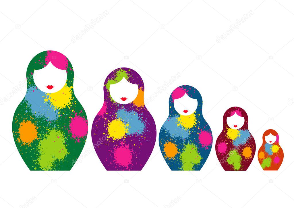 Russian nesting dolls matrioshka, set icon colorful symbol of Russia. Splatter colored style. vector isolated on white background