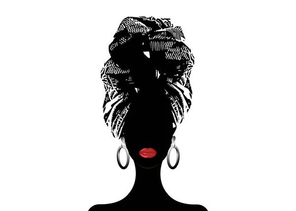 Sciarpa Africana Ritratto Afro Donna Turbante Righe Tribal Wrap Moda — Vettoriale Stock