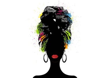 Afrika eşarp, çizgili sarık portre Afro kadında. Kabile şal moda, Ankara, başşehir, kitenge Giydir. Nijeryalı stil, Ganalı headwrap renkli sıçramak vektör baskı, poster, tişört, kartı için