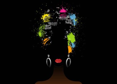 Afrika eşarp, çizgili sarık portre Afro kadında. Kabile şal moda, Ankara, başşehir, kitenge Giydir. Nijeryalı stil, Ganalı headwrap renkli sıçramak vektör baskı, poster, tişört, kartı için