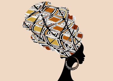 Portre güzel Afrikalı kadın geleneksel türban, başşehir baş şal, dashiki yazdırma, Afro kadın eşarp vektör siluet Afrika batik etnik geometrik dekorasyon kahverengi renk kumaş, saç modeli 