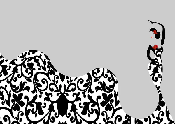 Schöne junge hispanische Flamencotänzerin, die Flamenco tanzt. traditionelle und elegante lange spanische Luxuskleidung florales Motiv. für Broschüre, Karte, Vorlage, Tanzschule. Vektor isoliert oder grau — Stockvektor