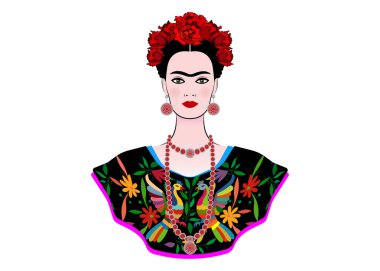 Frida Kahlo vektör portre, bir geleneksel saç modeli, Meksika el sanatları takı ve elbise, izole vektör ile genç güzel bir Meksikalı kadın. Frida etnik Meksika elbise nakışı çiçek ve tavus kuşu 