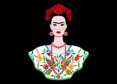 Frida Kahlo vektör portre, bir geleneksel saç modeli, Meksika el sanatları takı ve elbise genç güzel Meksikalı kadın vektör izole veya siyah arka plan. Frida etnik Meksika elbise nakışı çiçek ve tavus kuşu 